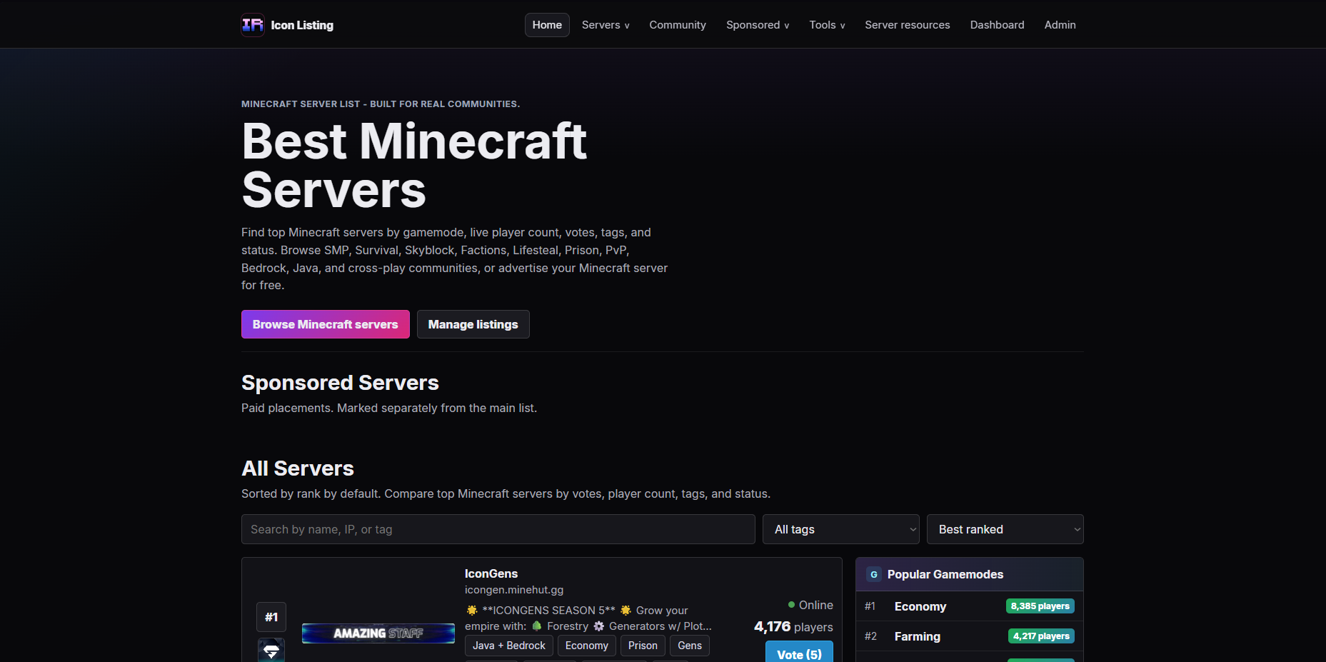 MinecraftListing website preview